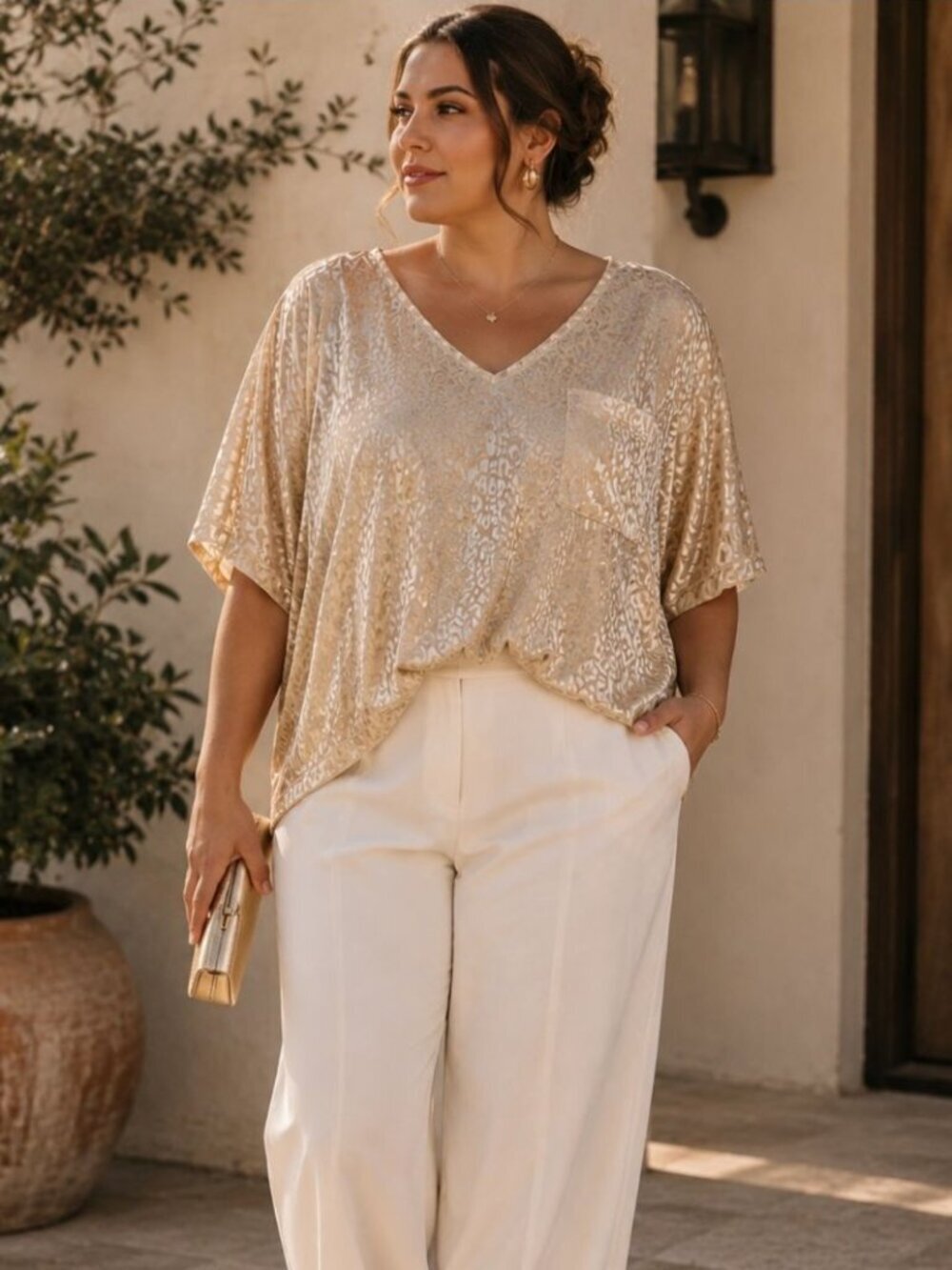 Mittoshop Leopard Velvet Burnout Top Beige 1X Quiet Luxury Animal Print Blouse